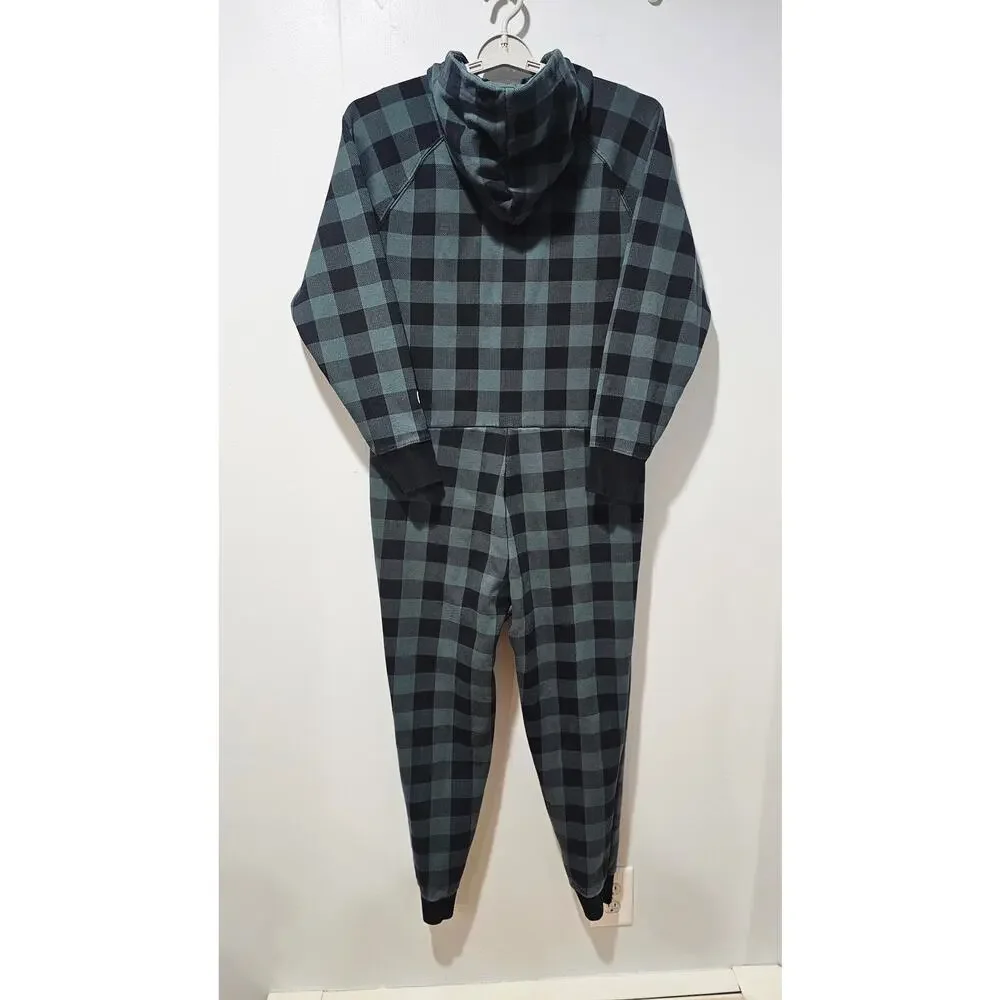 Fabletics Fleece Hooded Onesie One Piece Pajama, Green Black Womens Sz M